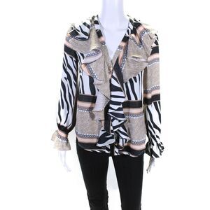 Oo La La Womens Satin Ruffle Zebra Stripe Long Sleeve Top Blouse Brown Black XS